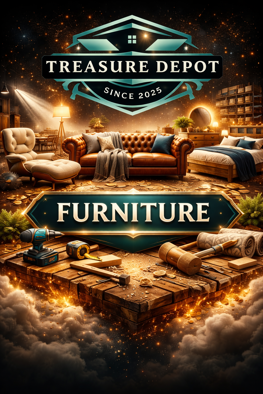 Treasure Depot Furniture collection graphic featuring a leather sofa, bed, dresser, and accent chair on a glowing platform with wood and tools, dramatic spark background, logo above, and bold “FURNITURE” banner below