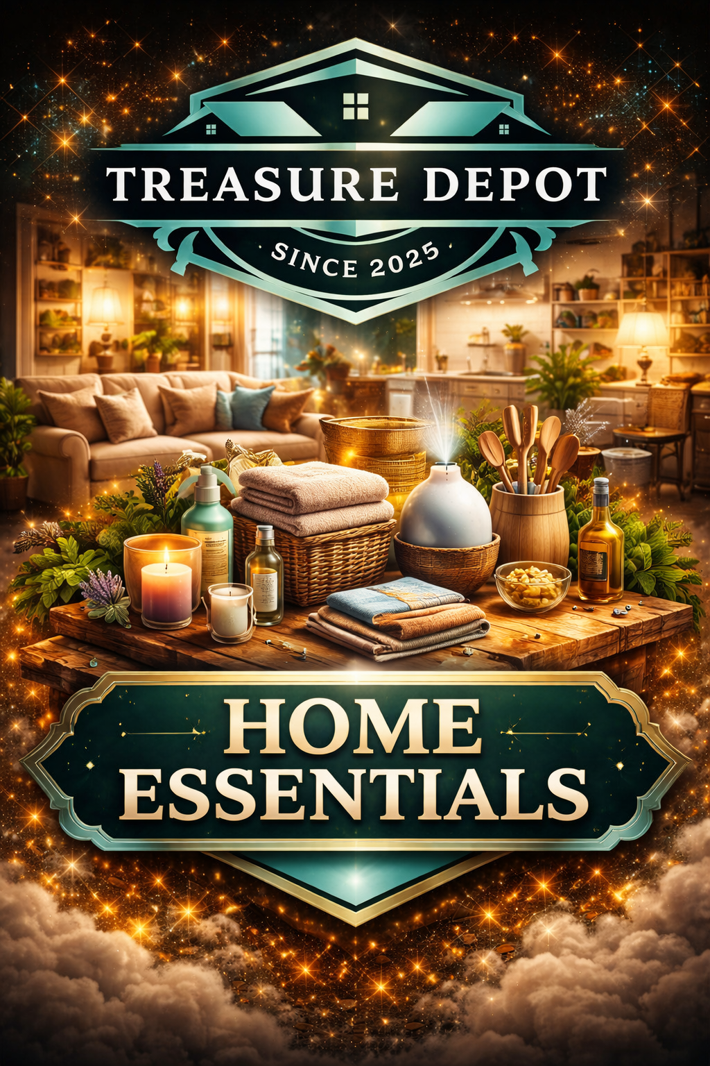 Treasure Depot Home Essentials graphic featuring candles, towels, kitchen tools, and decor on a wooden table in a cozy living space with warm lighting, spark effects, logo above, and bold “HOME ESSENTIALS” banner below