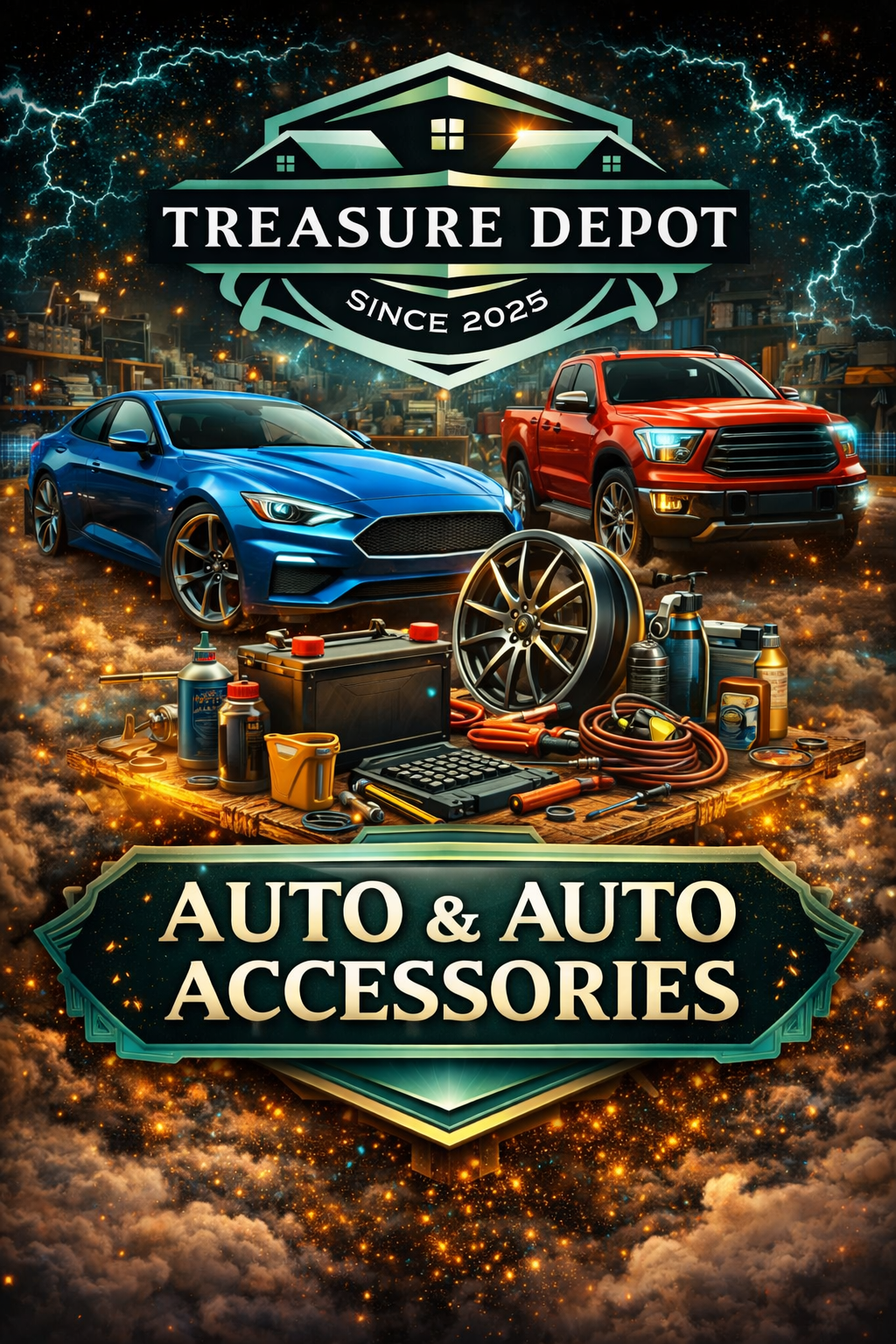 Treasure Depot Auto & Auto Accessories graphic featuring a sports car, pickup truck, and car parts like battery, wheel, and tools on a glowing platform with sparks, logo above, and bold “AUTO & AUTO ACCESSORIES” banner below