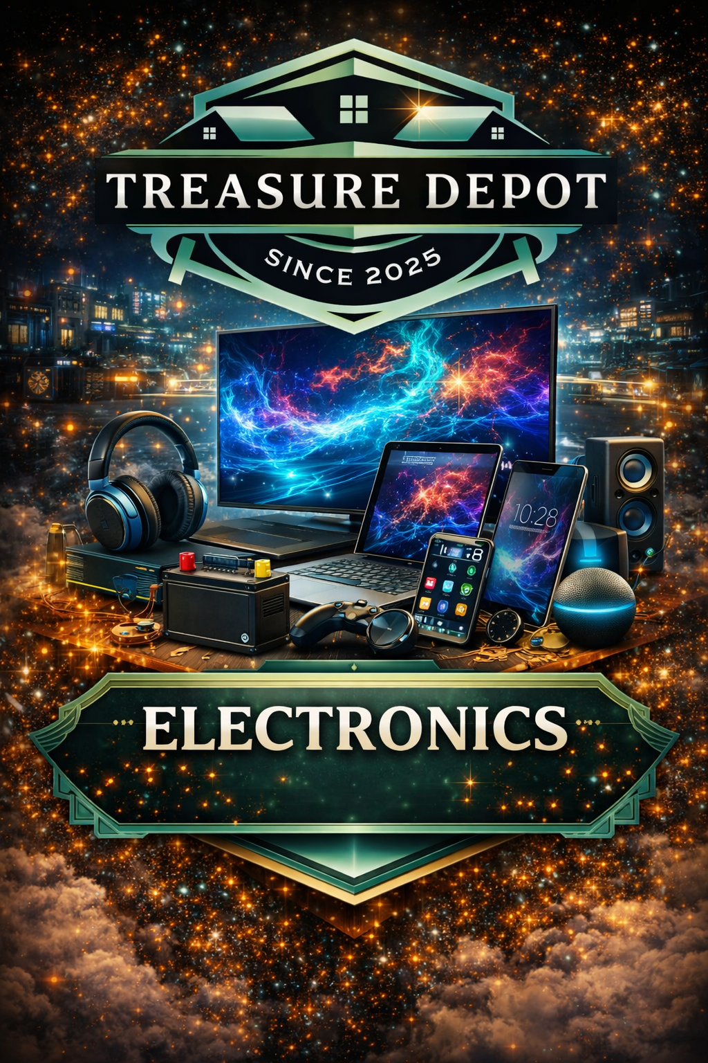 Treasure Depot Electronics graphic featuring TV, laptop, tablet, phone, headphones, speakers, and gaming gear on a glowing platform with spark effects, city backdrop, logo above, and bold “ELECTRONICS” banner below