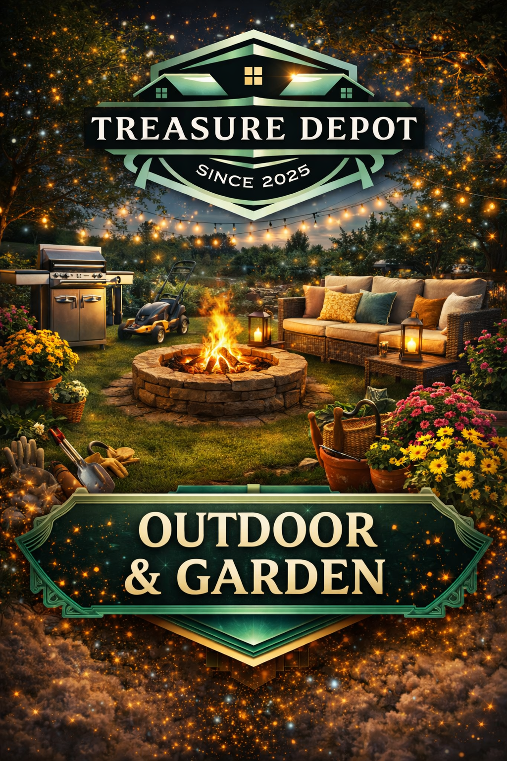 Treasure Depot Outdoor & Garden graphic featuring patio furniture, fire pit, grill, lawn mower, flowers, and garden tools in a cozy backyard setting with string lights, spark effects, logo above, and bold “OUTDOOR & GARDEN” banner below