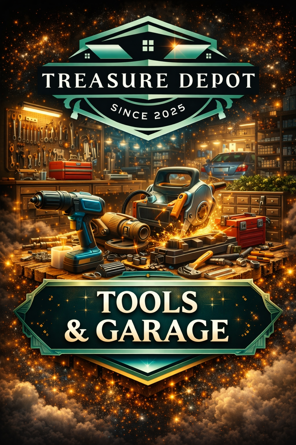Treasure Depot Tools & Garage graphic featuring drills, toolboxes, and workshop equipment on a workbench in a lit garage setting with sparks, logo above, and bold “TOOLS & GARAGE” banner below