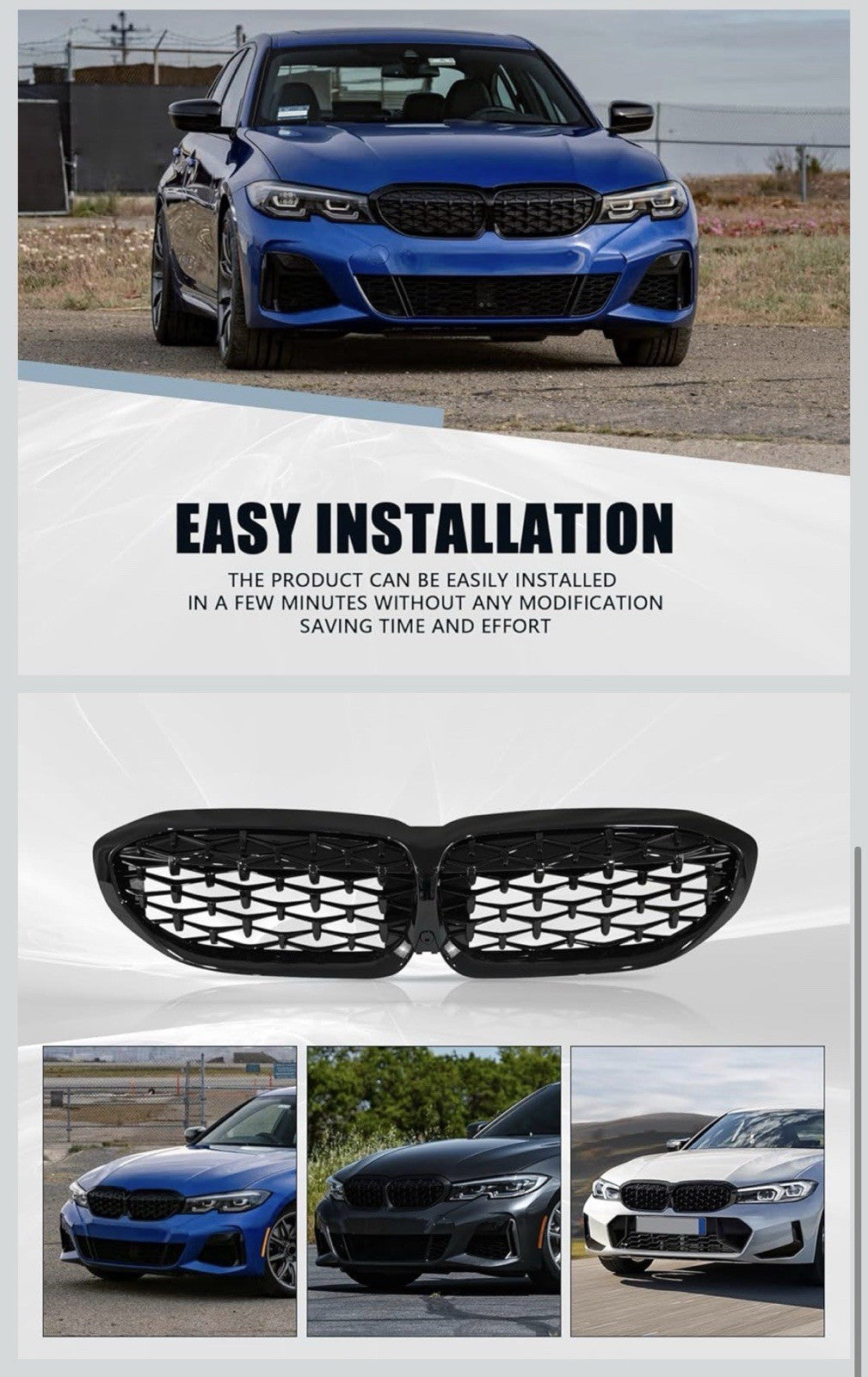 Gloss Black Diamond Front Kidney Grille Compatible for 2019-2022 BMW 3 Series