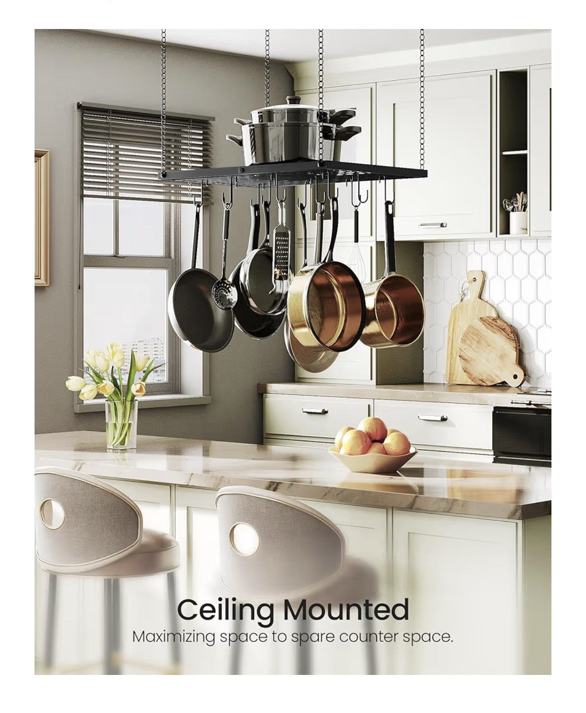 Black  23.7 X 18” Inch Ceiling Mounted Hanging Metal Pot Rack 12 Hooks Hanger