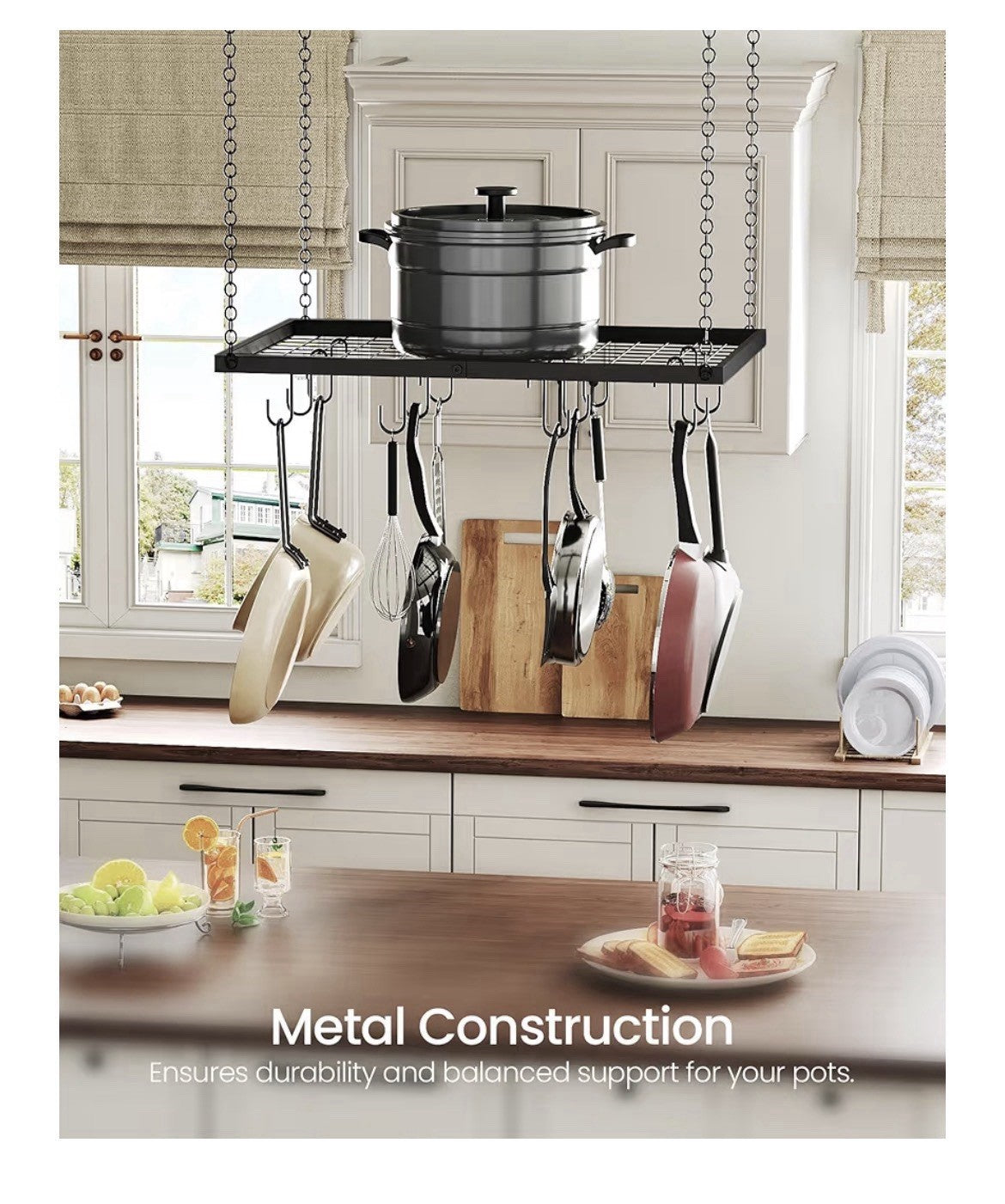 Black  23.7 X 18” Inch Ceiling Mounted Hanging Metal Pot Rack 12 Hooks Hanger