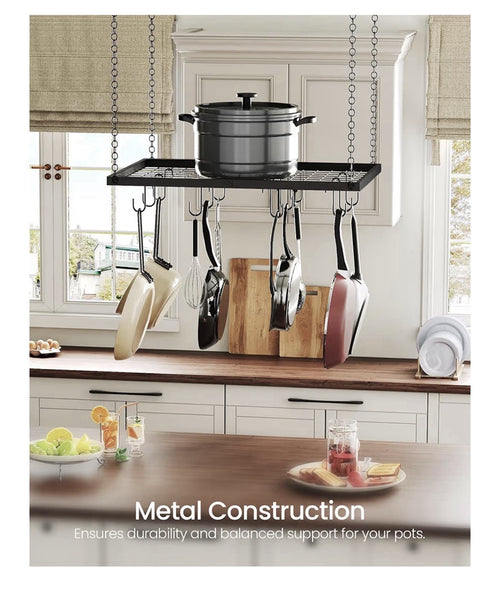 Black  23.7 X 18” Inch Ceiling Mounted Hanging Metal Pot Rack 12 Hooks Hanger