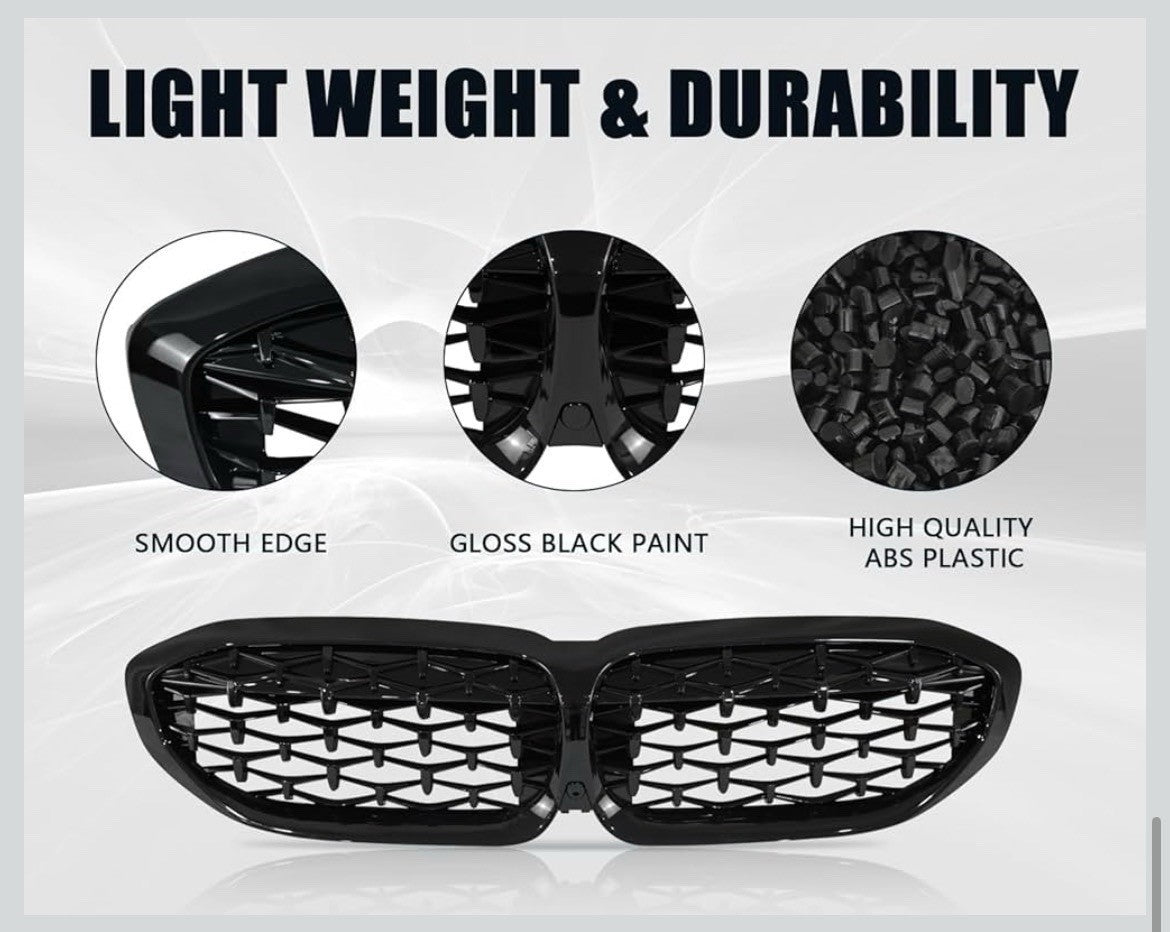 Gloss Black Diamond Front Kidney Grille Compatible for 2019-2022 BMW 3 Series