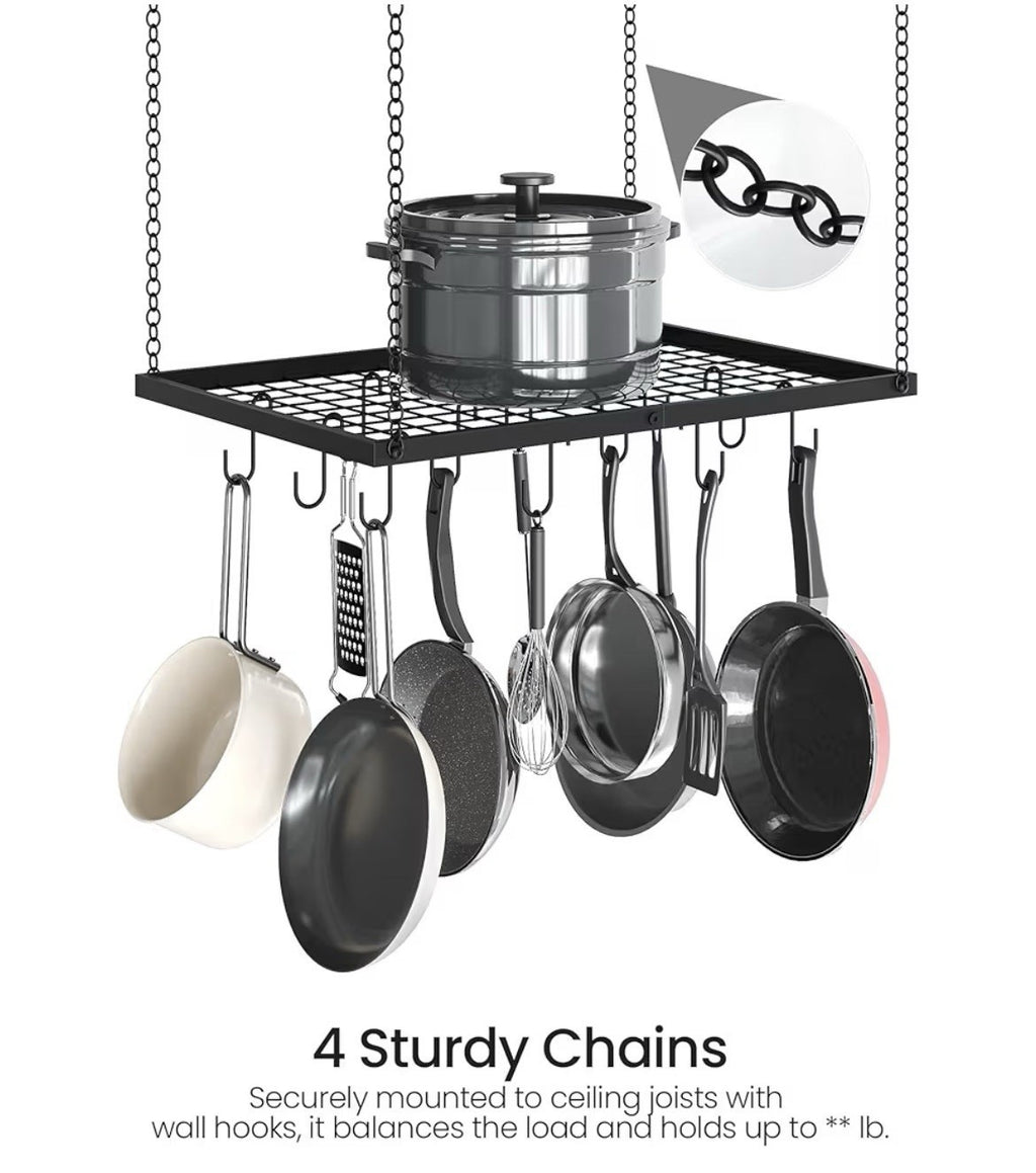 Black  23.7 X 18” Inch Ceiling Mounted Hanging Metal Pot Rack 12 Hooks Hanger
