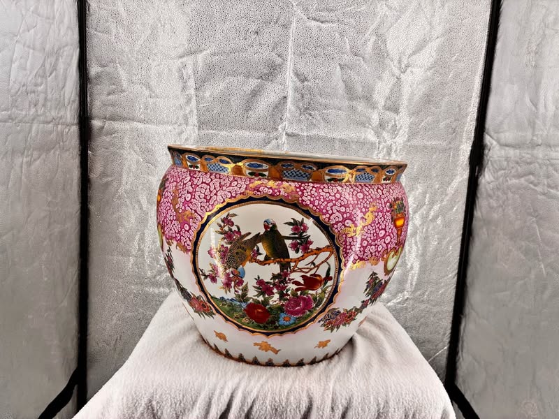 🔥 Vintage Asian Porcelain Decorative Planter Bowl – Hand-Painted Birds & Floral Design 🌸🕊️