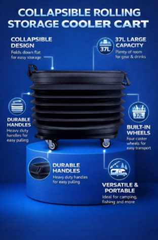 Collapsible Rolling Cooler Cart Black Foldable Storage Bin w Wheels Heavy Duty